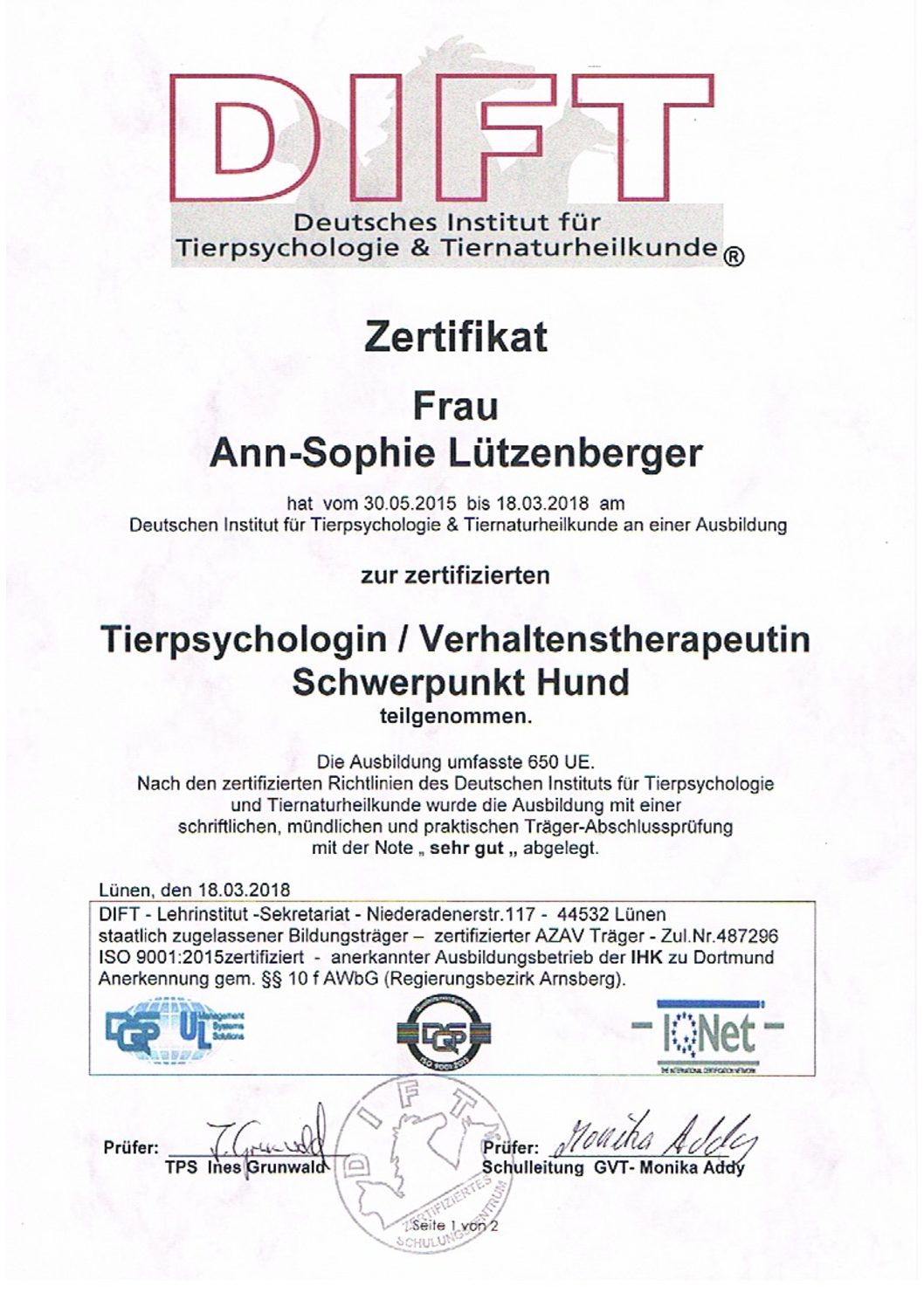 Ann-Sophie Lützenberger Abschlusszertifikat
